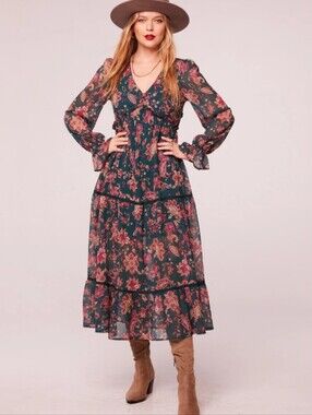 Band Of The Free Run The World Pine Paisley Empire Waist Midi Dress Medium EUC